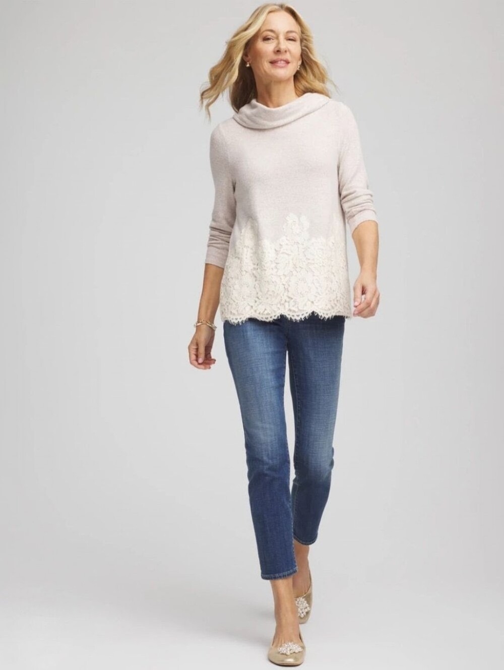Chico's Cream Lace-Hem Cowl Neck Sweater